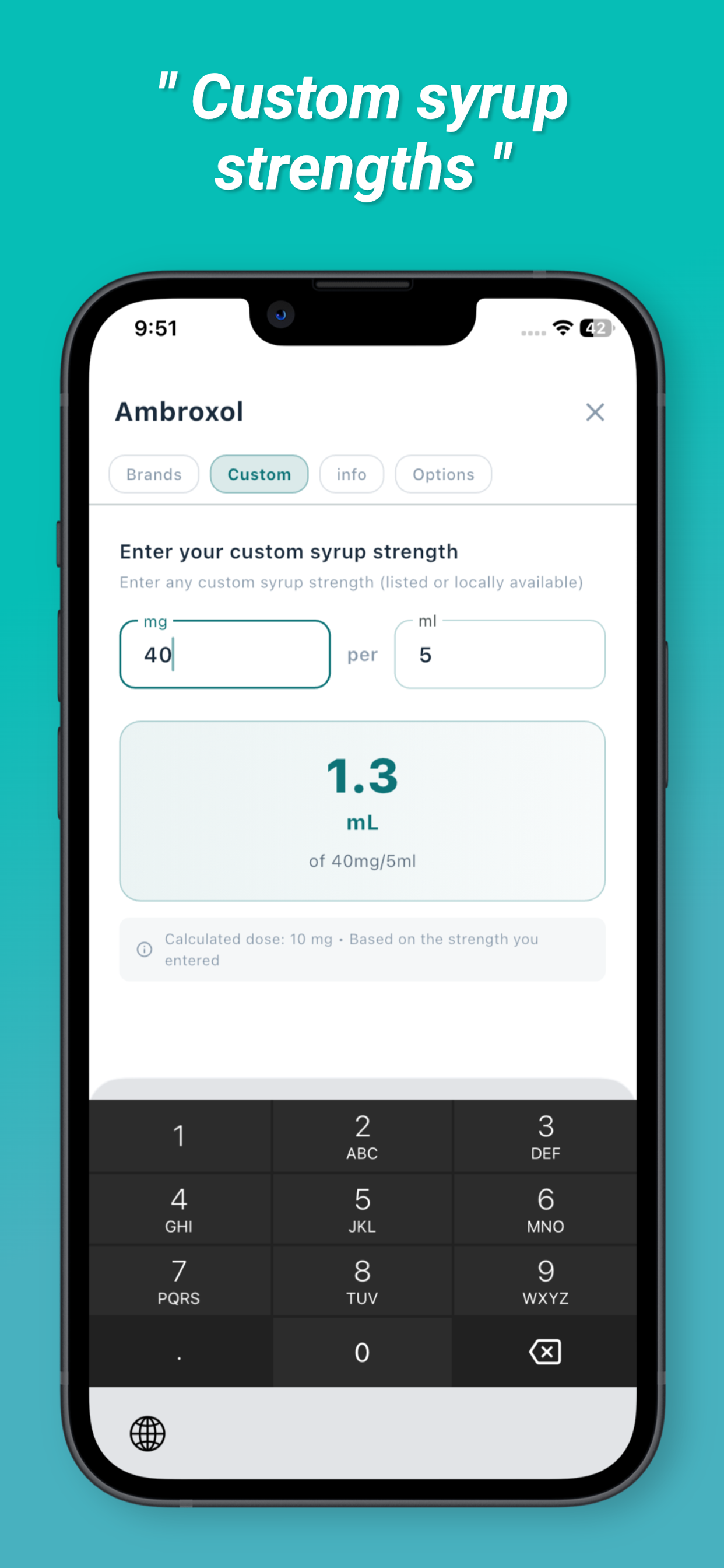 PediaRex Custom syrup strength feature screenshot