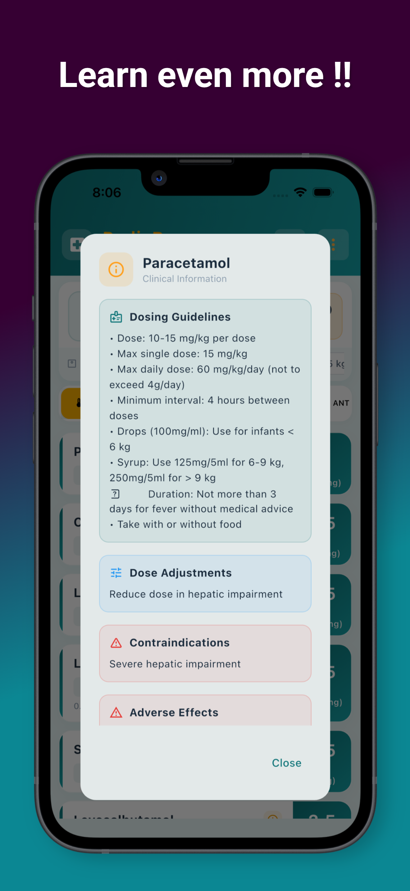 PediaRex Clinical information guidelines feature screenshot