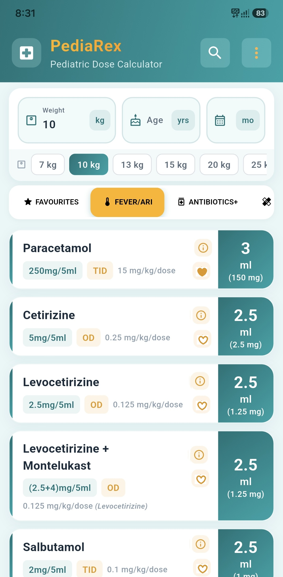 PediaRex iOS and Android App Interface displaying pediatric drug dosages by weight